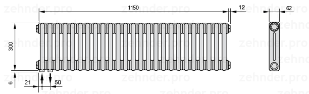 Схема (чертеж) Радиатор Zehnder Charleston 2030/25 №3370 Белый глянцевый RAL 9016